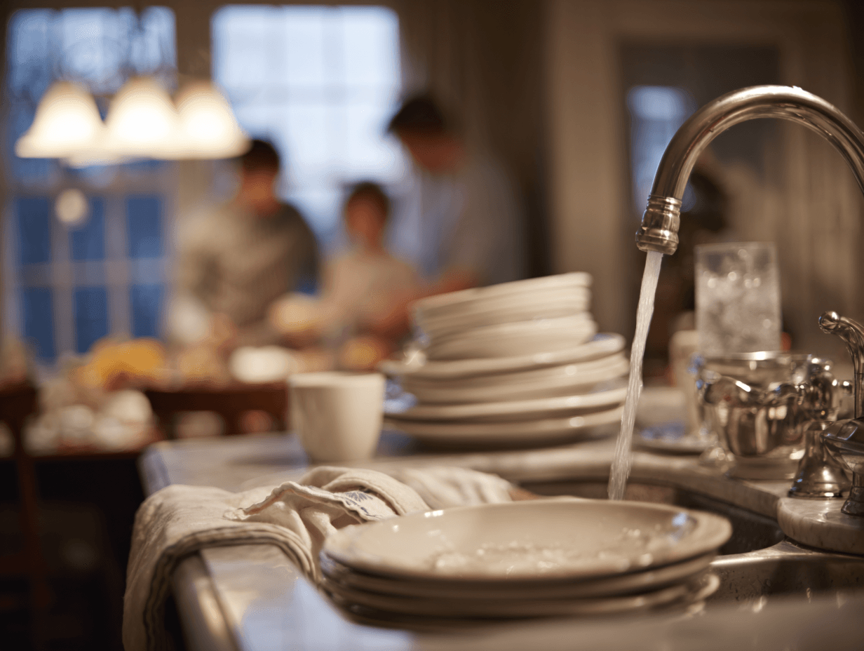 Family finishing dinner - representing daily water usage in the home